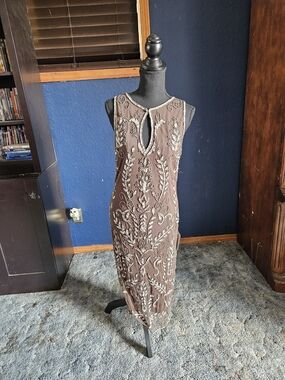 Pisarro Nights Brown Beaded Midi Dress with Keyhole size 12p nwt